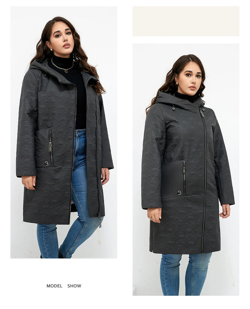 HaiLuoZi 2023 Autumn Women Jackets Plus Size Long Hooded Quilted Light weight Big pockets Bio-cotton Stylish Women's coat 5537