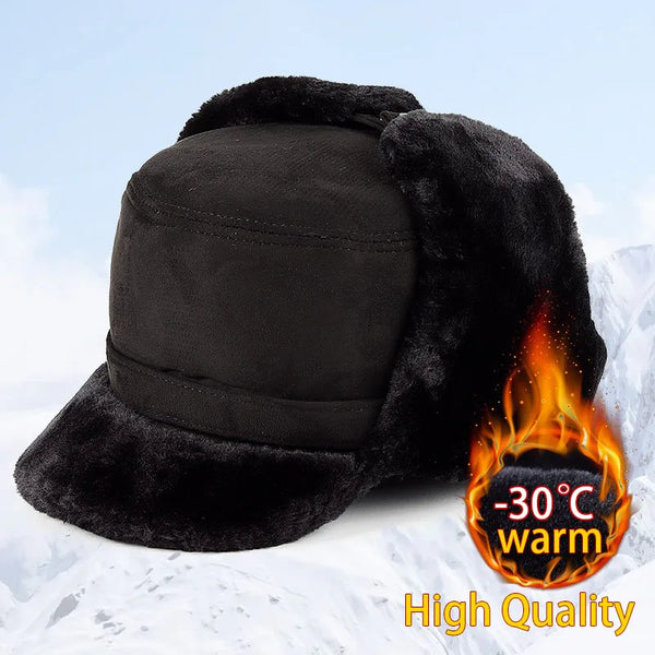 New 2024 Winter Bomber Hats Men Ushanka Russian Outdoor Warm Fleece Faux Fur Earflap Hat Dad Ski Snow Trapper Cap Black