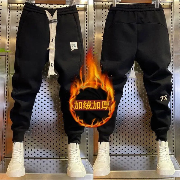 MEN's Korean Fashion Casual Elastic Waist Length Autumn Winter Fleece Joggers Sports Trousers  Streetwear Embroidery Harem Pants