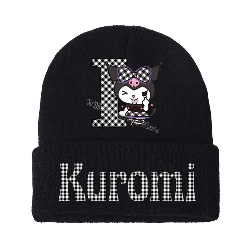 Kuromi Knitted Hat for Children A-Z Letters Cartoon Beanies Cap Winter Kids Street Hats Outdoor Warm Knitted Cap Black Hats Gift