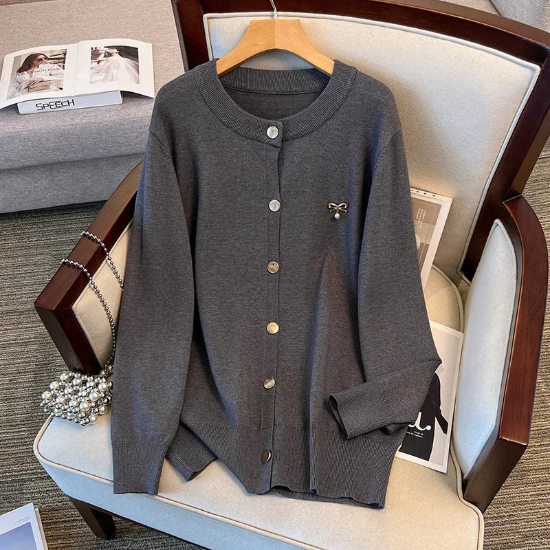 170Kg Plus Size Women's Bust 160 Spring Autumn Loose Cardigan Sweater Knitted Jacket Black Dark Gray 4XL 5XL 6XL 7XL 8XL 9XL