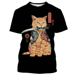 Fashionable and Lnteresting Samurai Cat Pictures For Men's T-Shirts Trend Digital Printing Casual Round Neck Short Sleeved