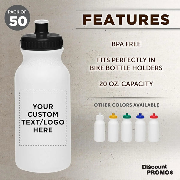 PROMOS Custom White Water Bottles with Push Cap -50 pack, Customizable Text, Logo, 20 oz, Reusable BPA FREE Squeezable Bottles i