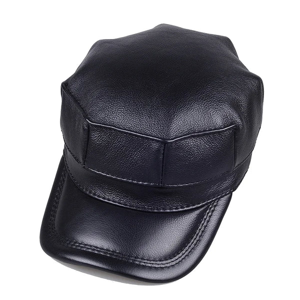 Winter first layer cowhide flat top octagonal hat men's father warm Leather Hat ear protection military cap duck tongue cap