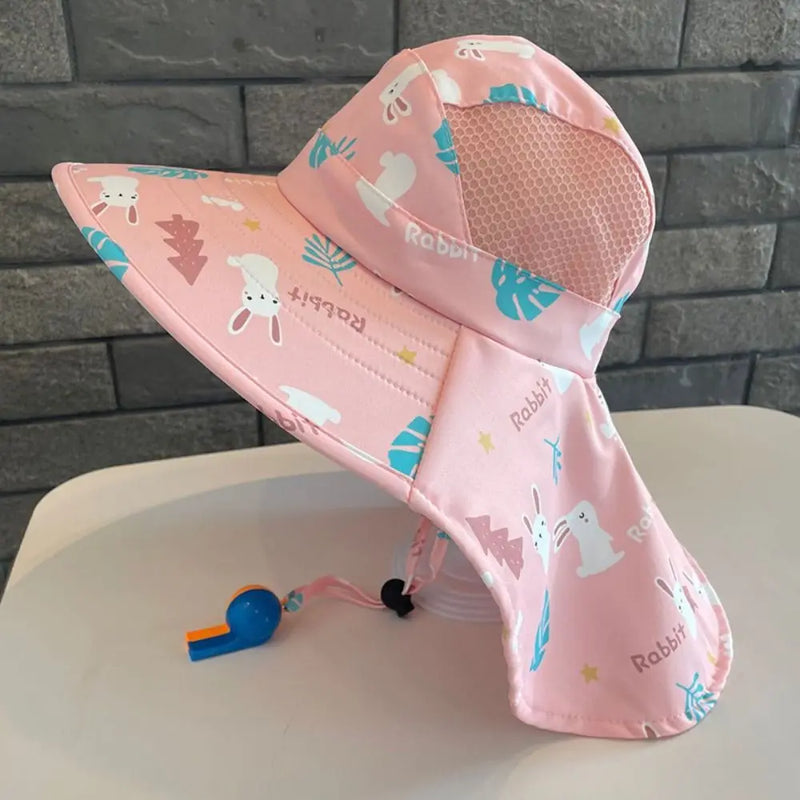 Bucket Cap Summer Baby Hat Neck Ear Cover With Whistle Children's Sunscreen Hat Wide Brim Breathable Kids Beach Caps