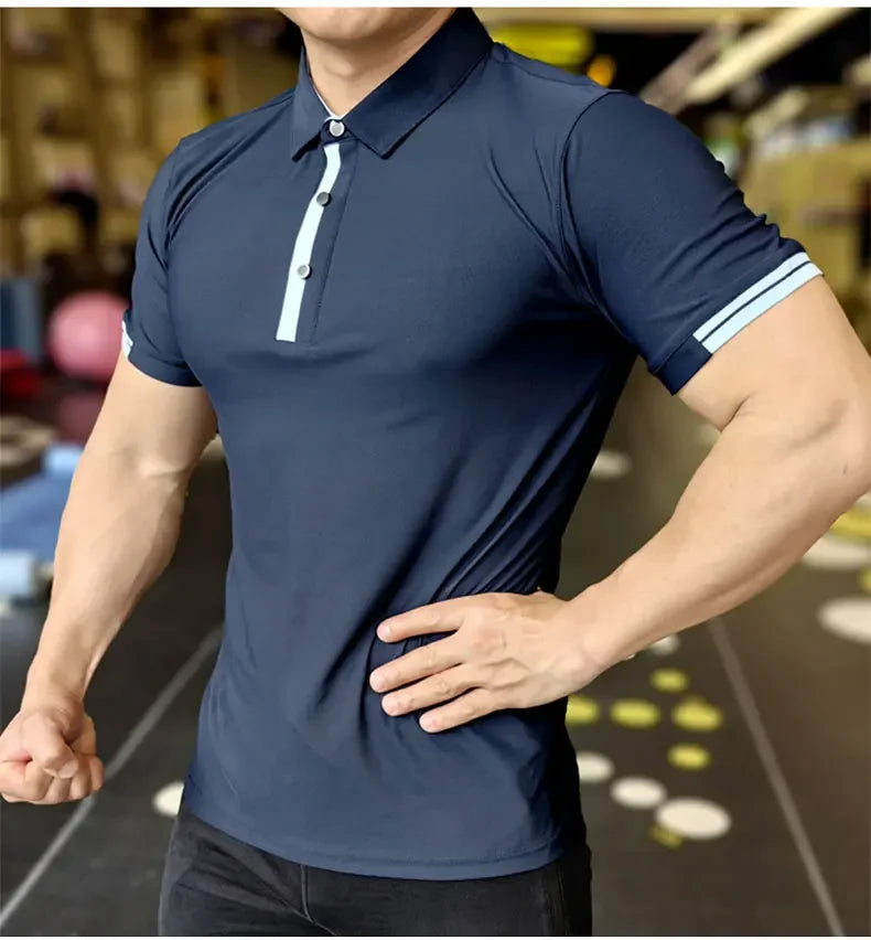 Men's Athleisure Ice Silk Top Tee Sweatshirts Fitness Training Tights Golf Short Lapel Activewear Sleeve Gym Muscle Fit Shirt