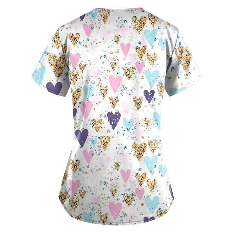 Women Working Uniform Valentine Day Femme Blouse Nurse work wear Medical Uniforms Heart Print Cartoon Short Sleeve V-neck Tops