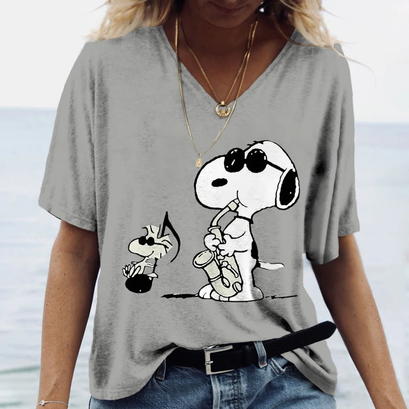 Summer Women T-Shirt S-3XL Fashion Short Sleeve V-Neck Top Snoopy print T-Shirt Casual Loose Female Street Style