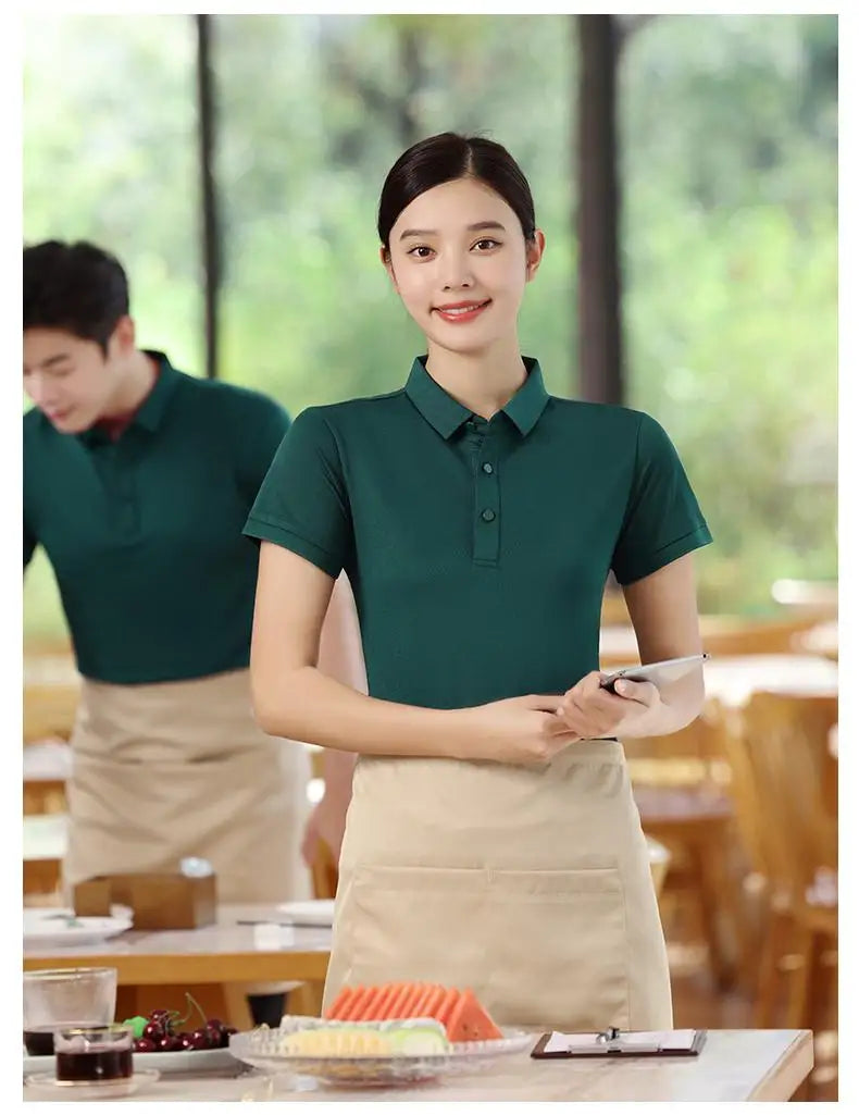 Spring Summer Polos Customized Logo Mens Shirt Women's Polos Solid Color Restaurant Waiter Work Clothes 100% Polyester