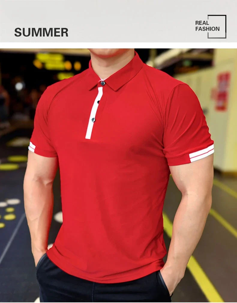 Men's Athleisure Ice Silk Top Tee Sweatshirts Fitness Training Tights Golf Short Lapel Activewear Sleeve Gym Muscle Fit Shirt