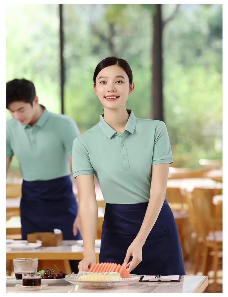 Spring Summer Polos Customized Logo Mens Shirt Women's Polos Solid Color Restaurant Waiter Work Clothes 100% Polyester