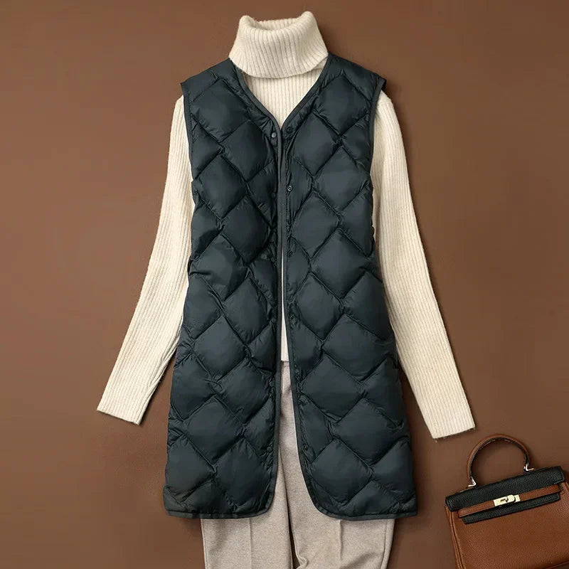 Plus Size Female Korean V-neck Casual Ultra Light Vest Coat Autumn Winter Women X-Long White Duck Down Warm Sleeveless Jackets