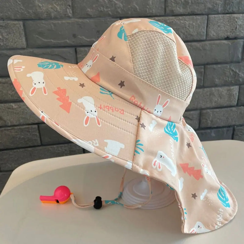 Bucket Cap Summer Baby Hat Neck Ear Cover With Whistle Children's Sunscreen Hat Wide Brim Breathable Kids Beach Caps