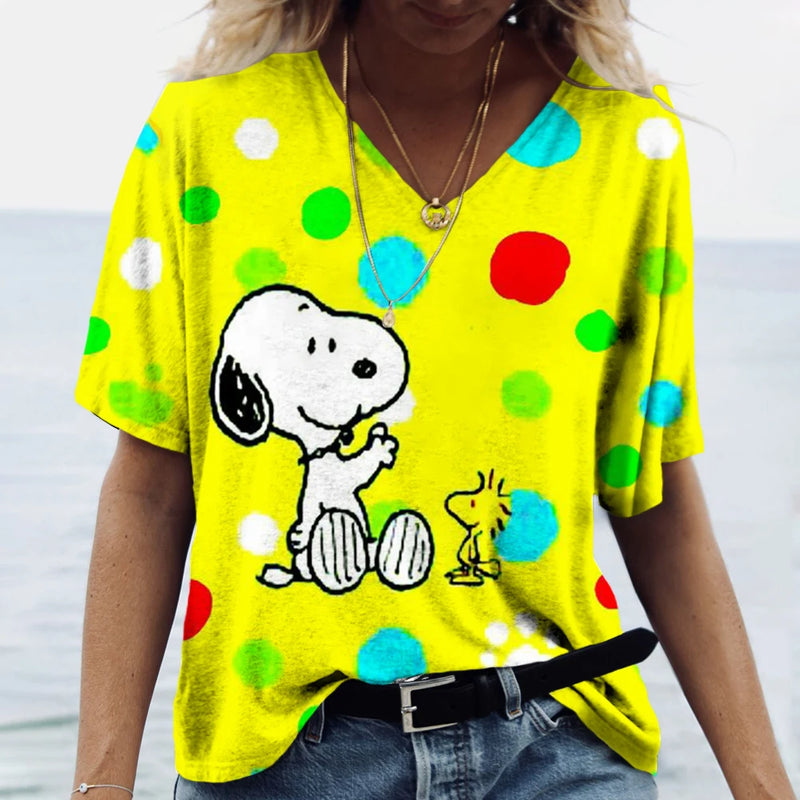 Summer Women T-Shirt S-3XL Fashion Short Sleeve V-Neck Top Snoopy print T-Shirt Casual Loose Female Street Style