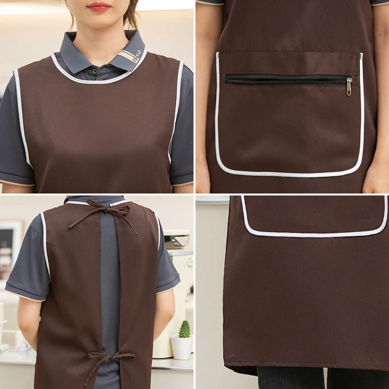 Custom Logo Brown Green Supermarket Convenience Studio Store Workwear Clothes Unifrom Working Vest Aprons With Zip Big Pokcets