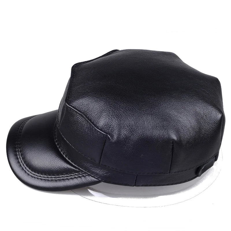 Winter first layer cowhide flat top octagonal hat men's father warm Leather Hat ear protection military cap duck tongue cap