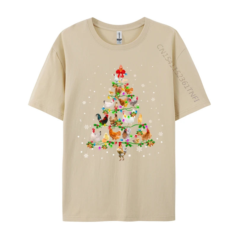 Chicken Christmas Tree Ornament Decor Xmas T-Shirt Male Fashionable Tops & Tees Round Neck Cotton Fabric Normal