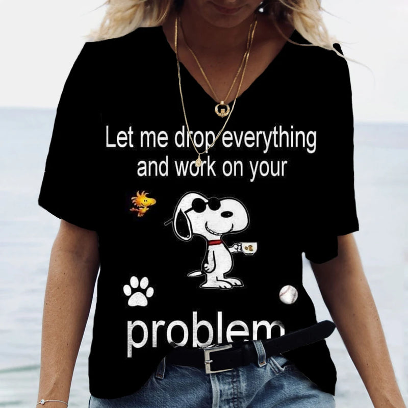 Summer Women T-Shirt S-3XL Fashion Short Sleeve V-Neck Top Snoopy print T-Shirt Casual Loose Female Street Style