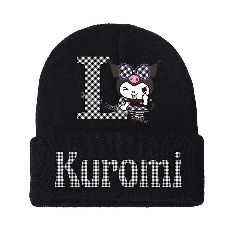 Kuromi Knitted Hat for Children A-Z Letters Cartoon Beanies Cap Winter Kids Street Hats Outdoor Warm Knitted Cap Black Hats Gift