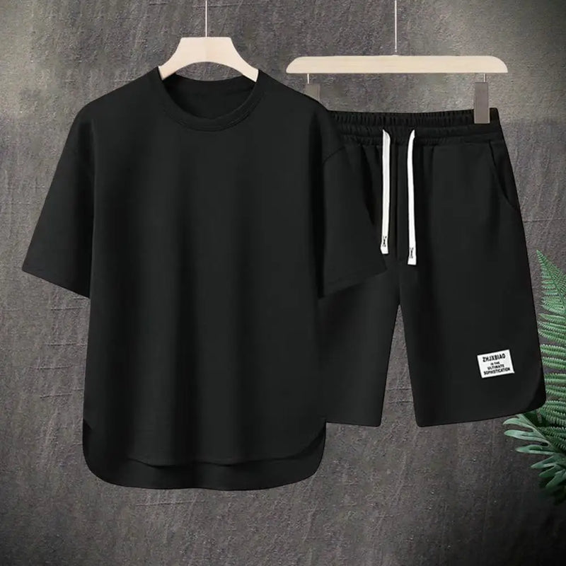 Men Activewear Set Men's Summer Casual Outfit Set O-neck Short Sleeve T-shirt Elastic Drawstring Waist Wide Leg Shorts for A