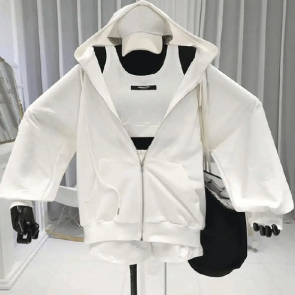 1 Set Women Sportswear  Long Sleeve   Women Coat Three Pieces Drawstring Shorts Vest Thin Coat Set