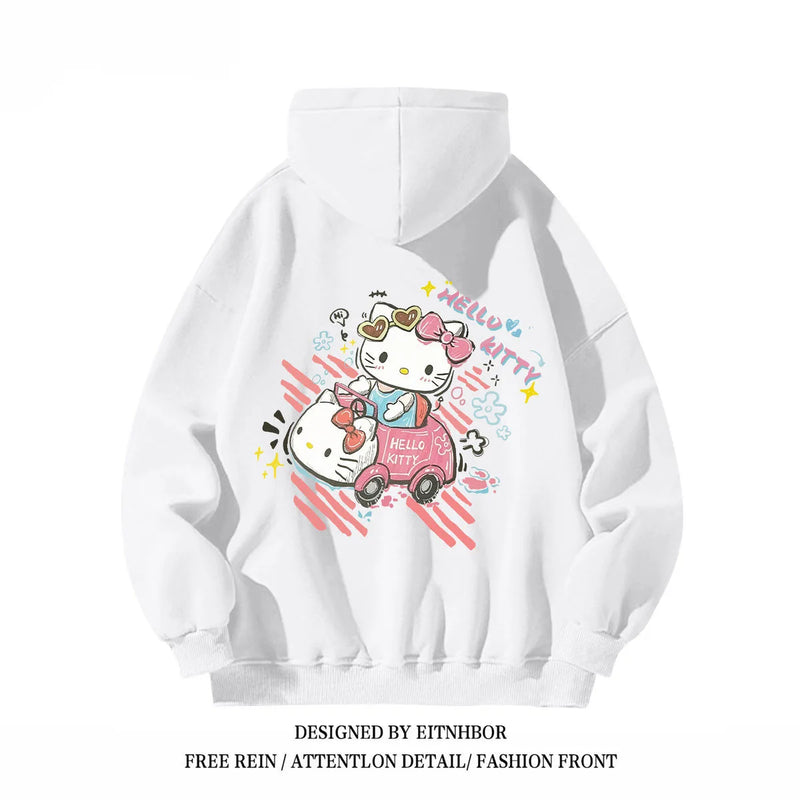 Hello Kitty Hooded Sweatshirt American Niche Fun Graffiti Cartoon Anime Women'S Autumn and Winter Loose Fit Slimming Jacket