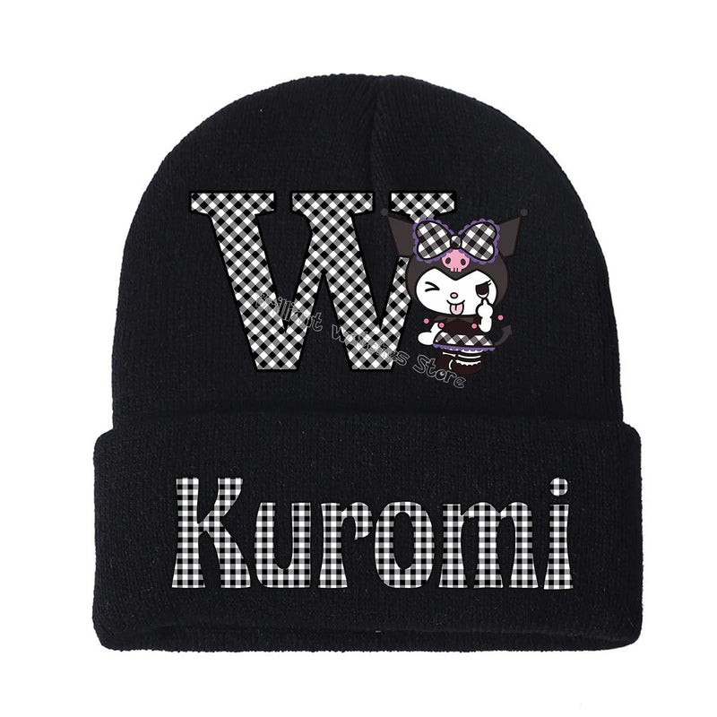 Kuromi Knitted Hat for Children A-Z Letters Cartoon Beanies Cap Winter Kids Street Hats Outdoor Warm Knitted Cap Black Hats Gift