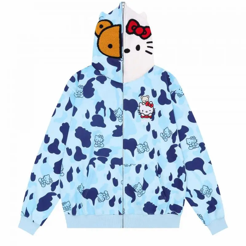 Hello Kitty Zip Hoodie Loose Cardigan Coat Streetwear Women Clothes Oversized Sweatshirt Cardigan Pure Cotton Camouflage Jacket