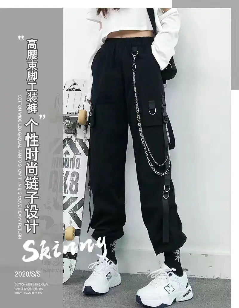 ZOKI Gothic Women Cargo Pants Black Joggers High Waisted Harajuku Harem Pants Punk Goth Techwear Chain Trousers Female Hip Hop