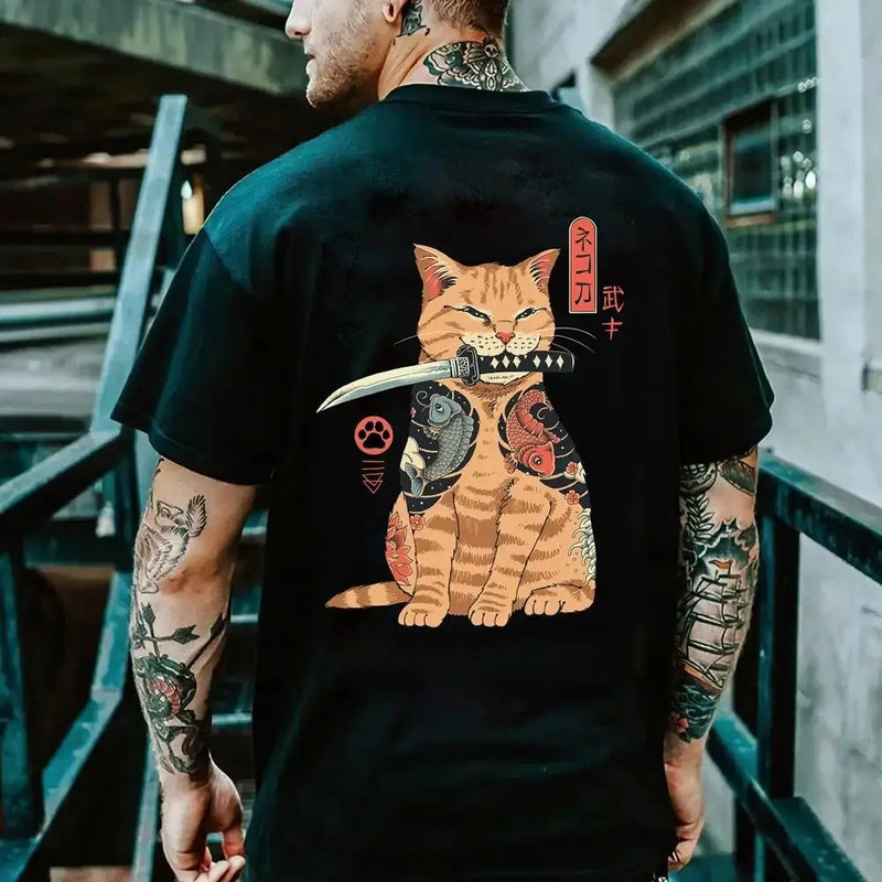 Fashionable and Lnteresting Samurai Cat Pictures For Men's T-Shirts Trend Digital Printing Casual Round Neck Short Sleeved