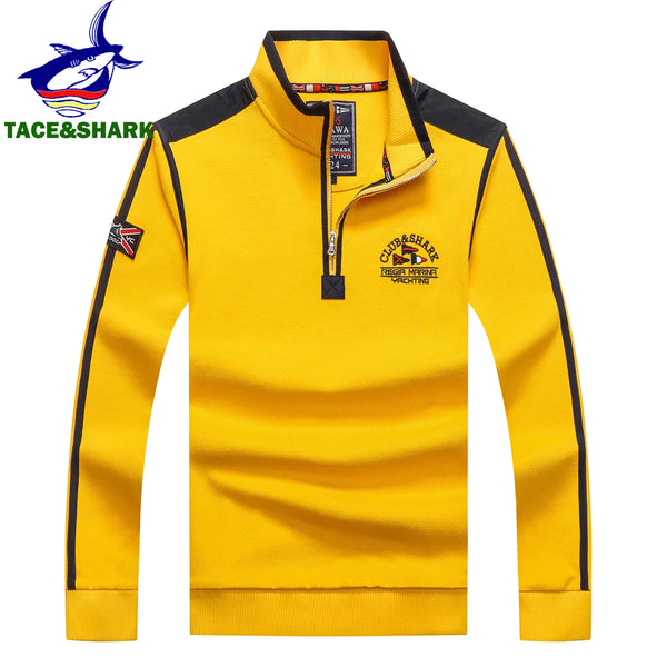 TACE&SHARK 2023 Casual Business Yellow Polo Shirt Pullover Half Zipper Patchwork Polo Shirt for Men Fashion Shark Embroidery