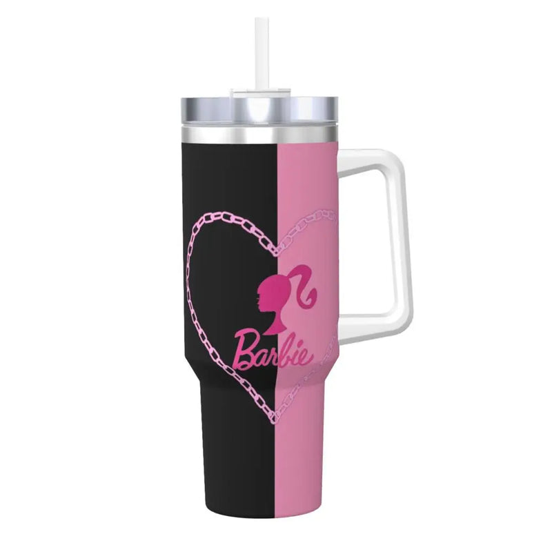 Stainless Steel Tumbler Miniso Kawaii Barbie Car Mugs With Straws Pink Logo Beach Cold Drink Water Bottle Large Coffee Mug