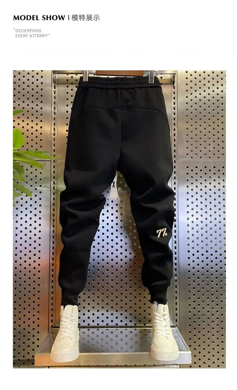 MEN's Korean Fashion Casual Elastic Waist Length Autumn Winter Fleece Joggers Sports Trousers  Streetwear Embroidery Harem Pants