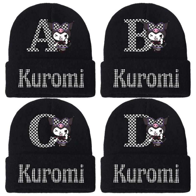 Kuromi Knitted Hat for Children A-Z Letters Cartoon Beanies Cap Winter Kids Street Hats Outdoor Warm Knitted Cap Black Hats Gift