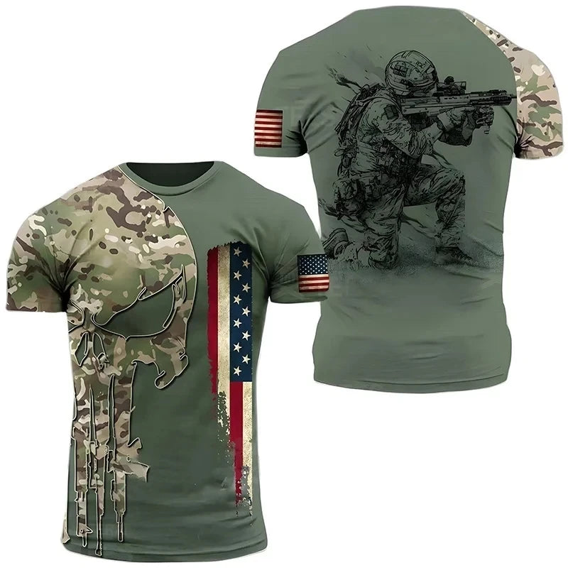 Summer New Military Printed Men's T-shirt American Soldier Casual Round Neck Short Sleeved Camouflage Loose and Comfortable Top