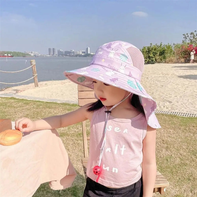 Bucket Cap Summer Baby Hat Neck Ear Cover With Whistle Children's Sunscreen Hat Wide Brim Breathable Kids Beach Caps