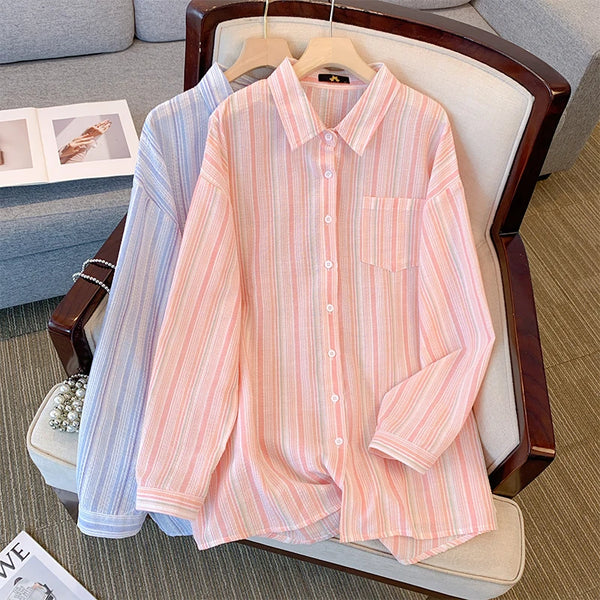 Plus Size women's spring casual commuter shirt terylene cotton fabric striped top medium long pocket top comfortable breathable