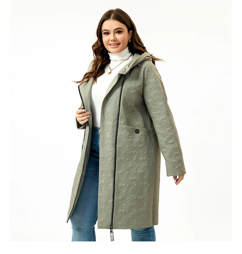 HaiLuoZi 2023 Autumn Women Jackets Plus Size Long Hooded Quilted Light weight Big pockets Bio-cotton Stylish Women's coat 5537