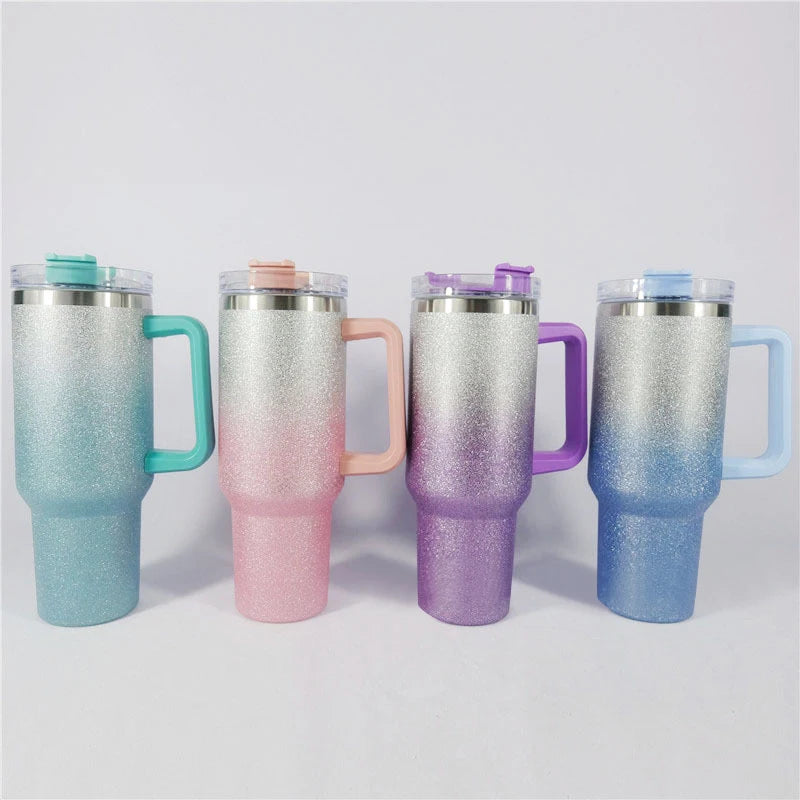 40oz Trendy Rainbow Glitter Gradient Mugs Insulated Tumbler With Handle & Straw Glittery Shimmering Holographic Travel Tumbler