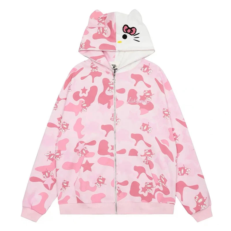 Hello Kitty Zip Hoodie Loose Cardigan Coat Streetwear Women Clothes Oversized Sweatshirt Cardigan Pure Cotton Camouflage Jacket