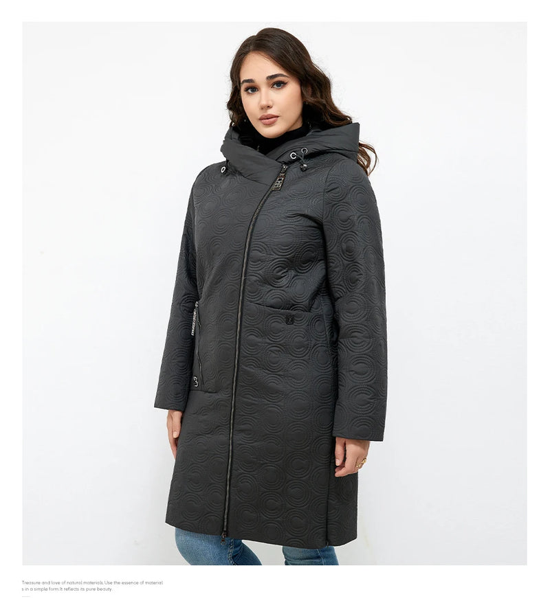 HaiLuoZi 2023 Autumn Women Jackets Plus Size Long Hooded Quilted Light weight Big pockets Bio-cotton Stylish Women's coat 5537