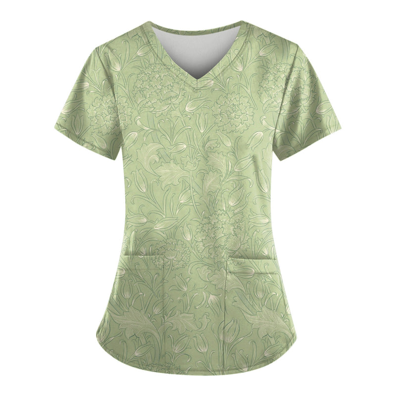 2023 Women Nurse Scrub Working Uniforms Pocket T-Shirt Workwear V-Neck Tops For Female Blouse Print Short Sleeve Hospital Mujer