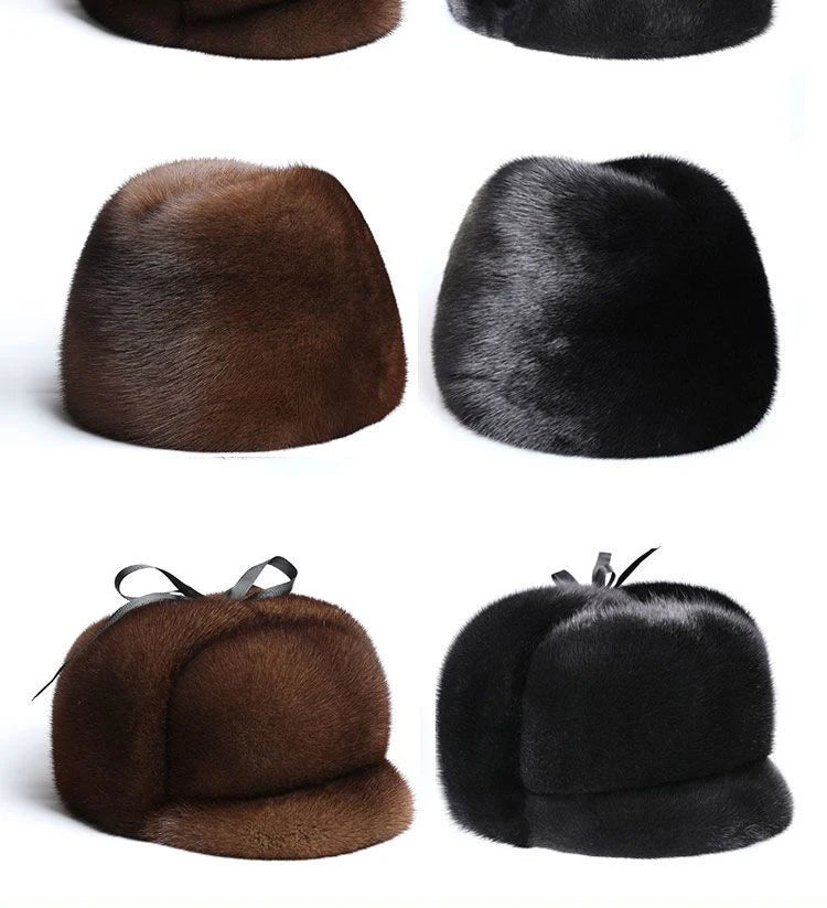 Luxury Winter Man Top Real Mink Fur Bomber Hat Male Genuine Marten Head Warm Black/Brown Caps Best Gift For Dad Gorras