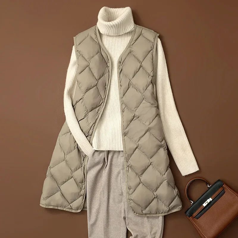 Plus Size Female Korean V-neck Casual Ultra Light Vest Coat Autumn Winter Women X-Long White Duck Down Warm Sleeveless Jackets