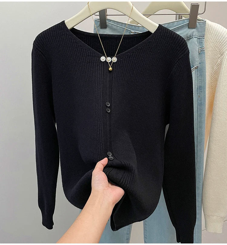 Plus Size Autumn V-Neck Pullover Sweater Women Pleated Loose Korean Ladies Sweaters Modis Casual Long Sleeve Woman Sweaters Tops