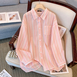 Plus Size women's spring casual commuter shirt terylene cotton fabric striped top medium long pocket top comfortable breathable