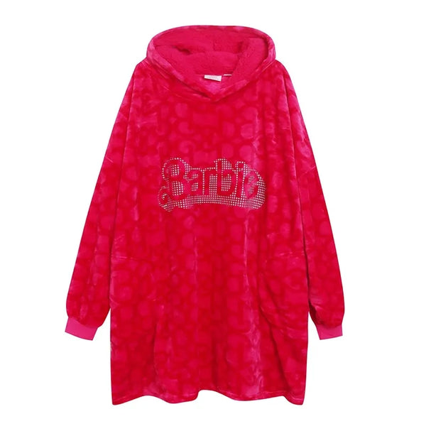 Warm Barbie Kawaii Rhinestones Printed Women Hooded Fleece Sweater Y2k Girls Long Winter Oversized Blanket Sweatshirts Homewear