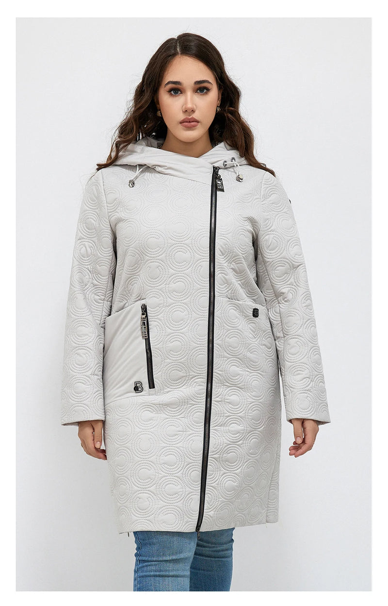 HaiLuoZi 2023 Autumn Women Jackets Plus Size Long Hooded Quilted Light weight Big pockets Bio-cotton Stylish Women's coat 5537