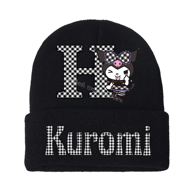 Kuromi Knitted Hat for Children A-Z Letters Cartoon Beanies Cap Winter Kids Street Hats Outdoor Warm Knitted Cap Black Hats Gift