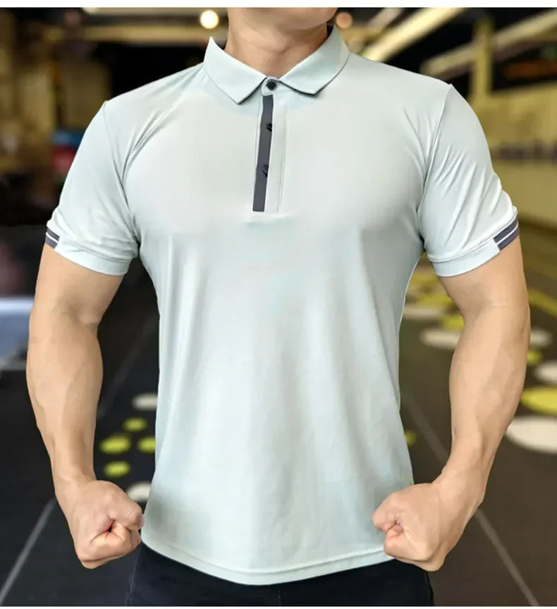 Men's Athleisure Ice Silk Top Tee Sweatshirts Fitness Training Tights Golf Short Lapel Activewear Sleeve Gym Muscle Fit Shirt